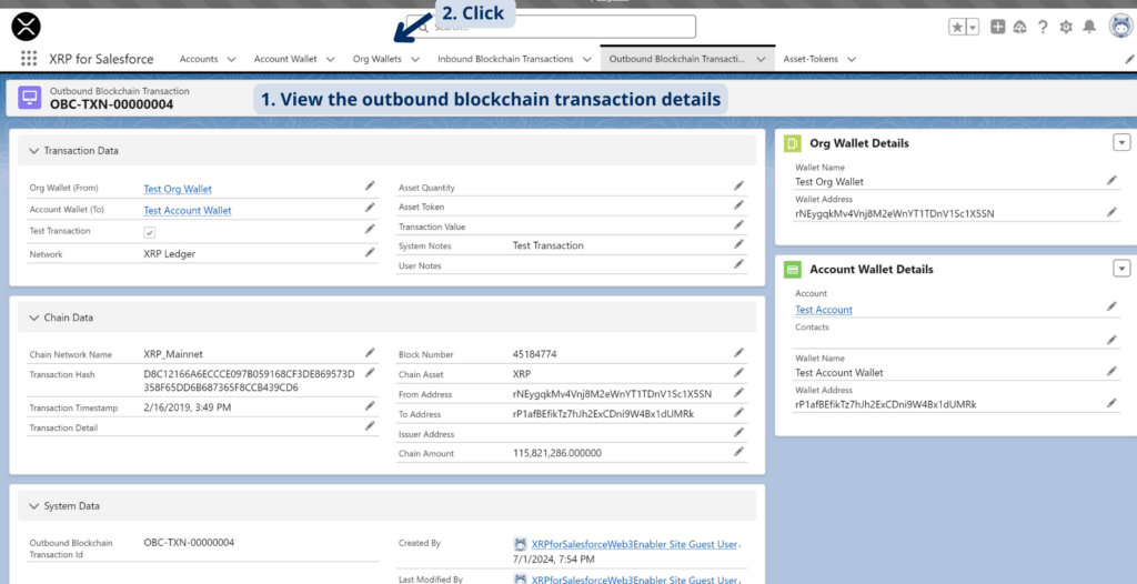 XRP for Salesforce view outbound transaction details