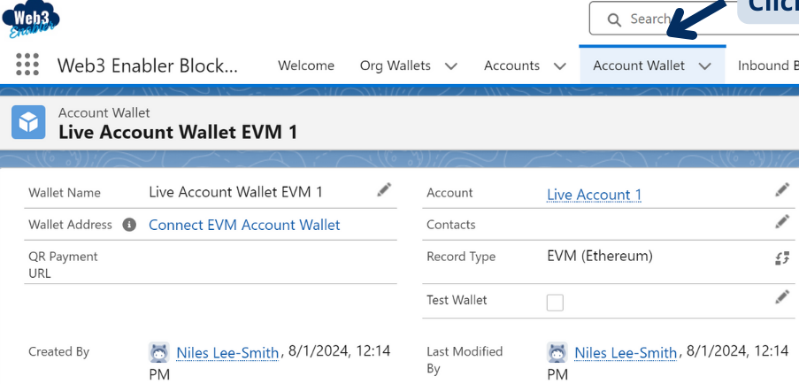 Account Wallet EVM details