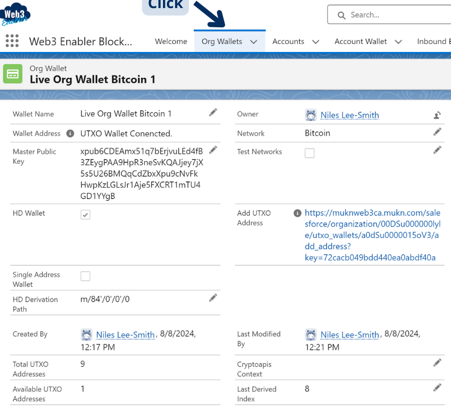 Org Wallet UTXO details