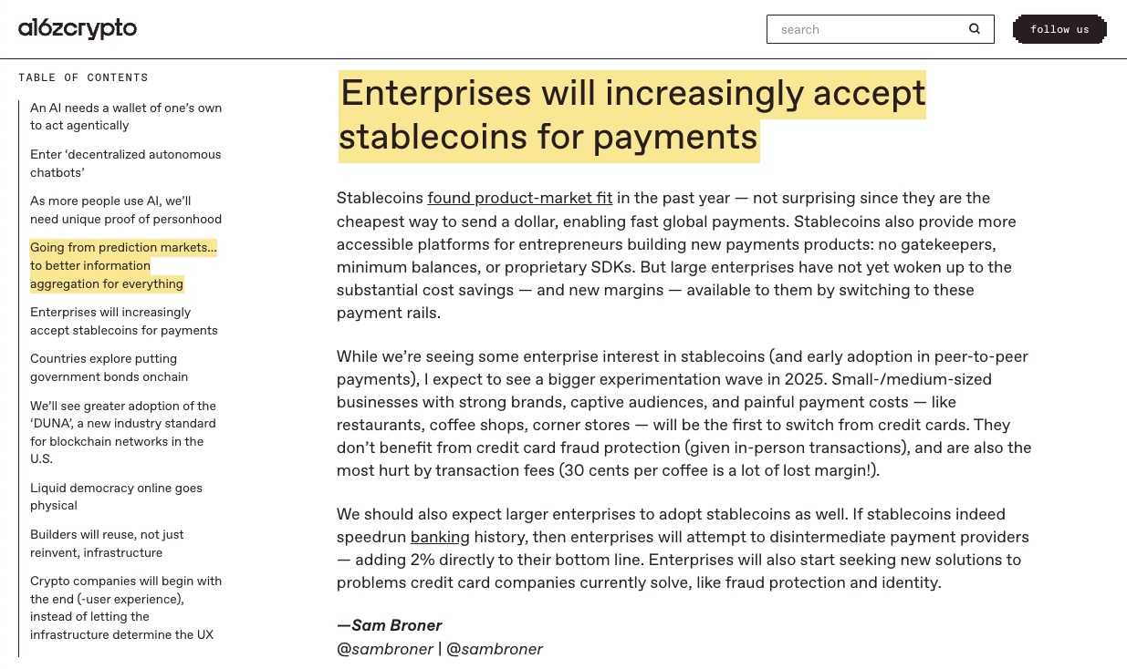 a16z crypto: Enterprises will increasingly accept stablecoins for payments