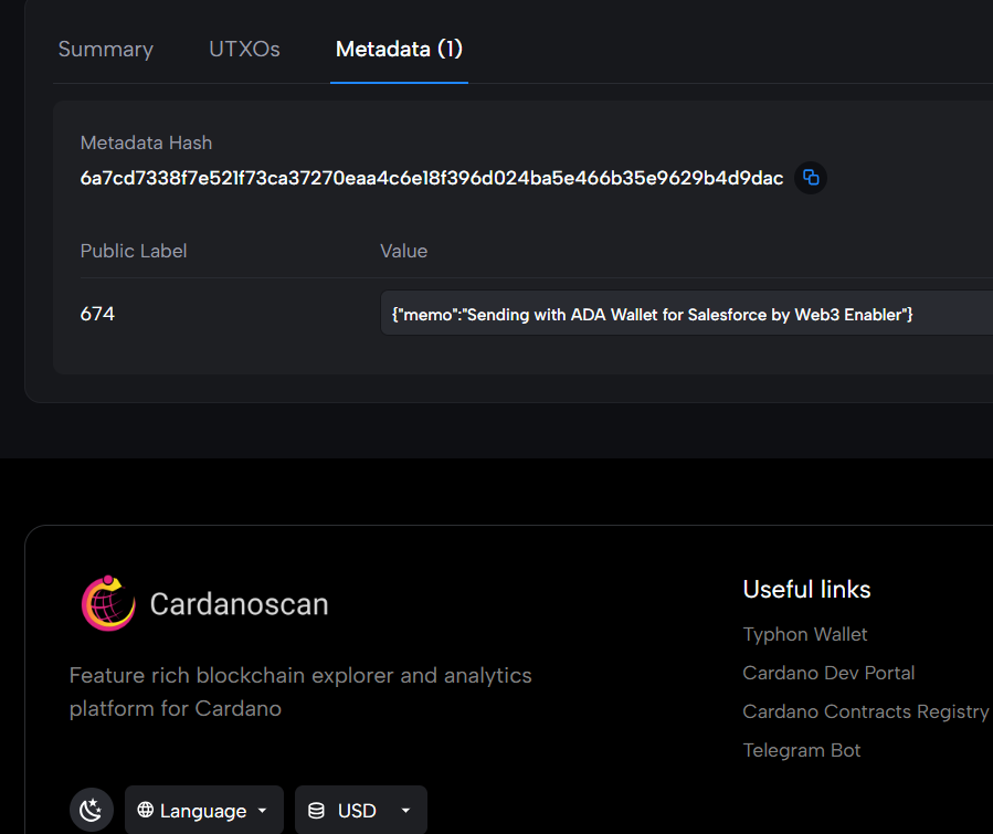 ADA Wallet for Salesforce Cardano Transaction - Metadata