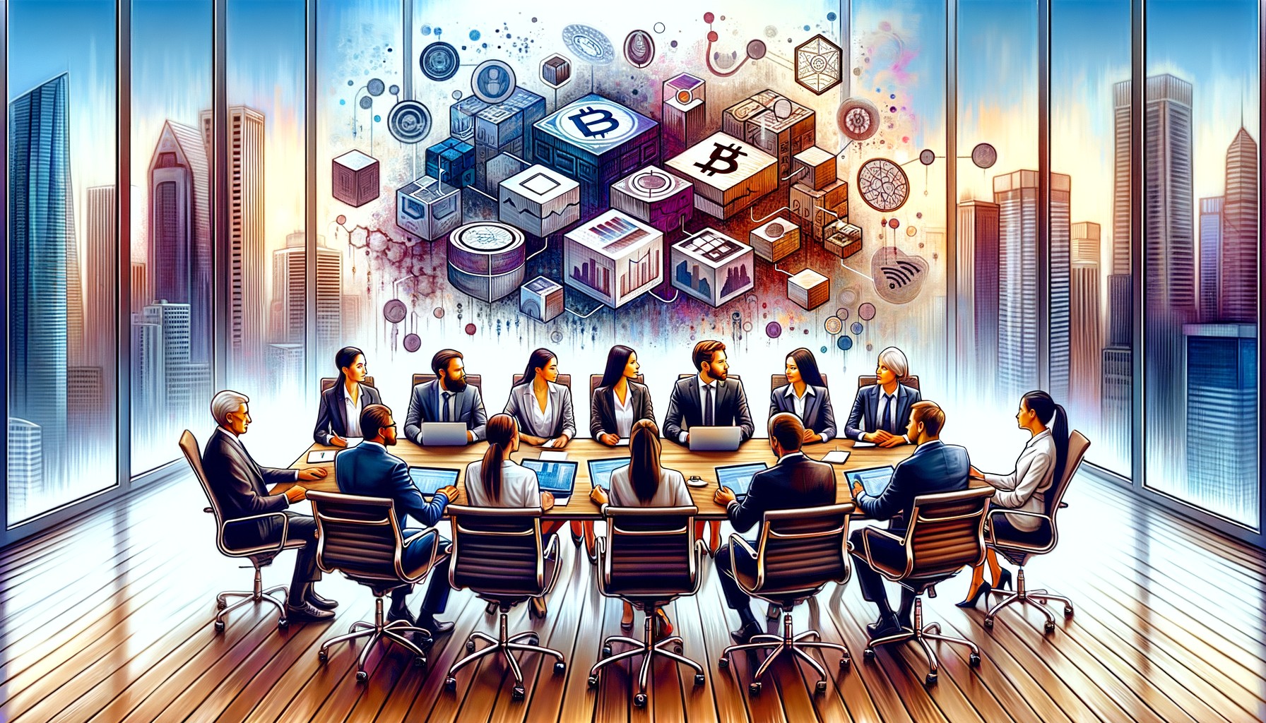 Blockchain Adoption: A variety of blockchain symbols over a company boardroom symbolizing the adoption of blockchain in Salesforce CRM