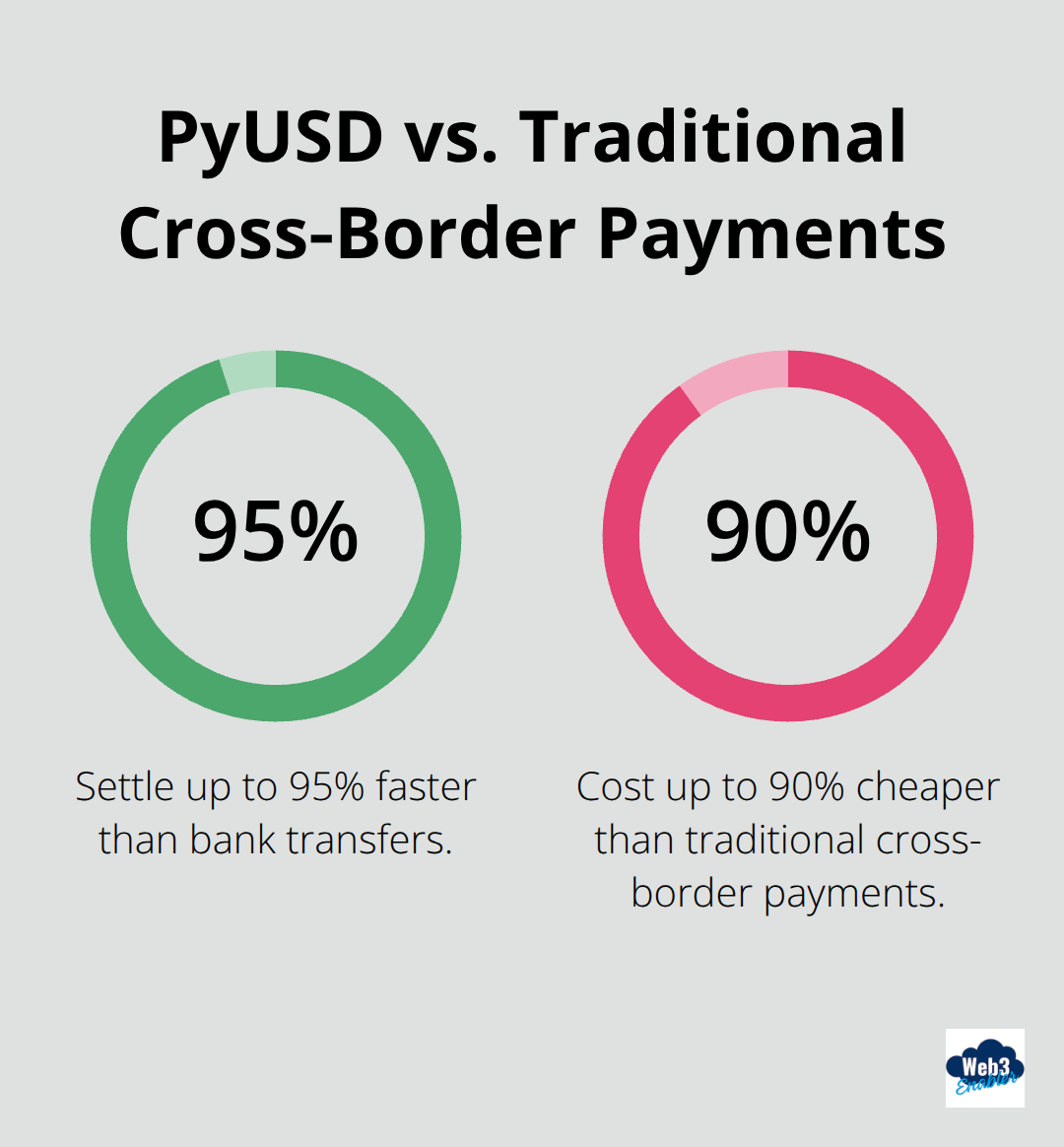 Chart showing PyUSD settlements are up to 95% faster and up to 90% cheaper than bank transfers. - Accepting Venmo Globally Salesforce