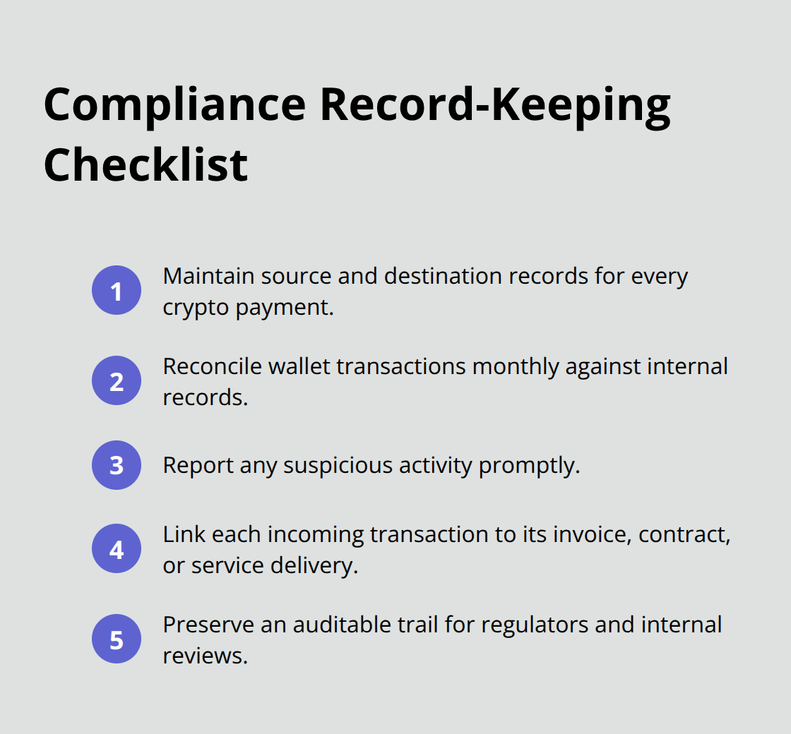 Compact checklist of compliance record-keeping actions for crypto payments.