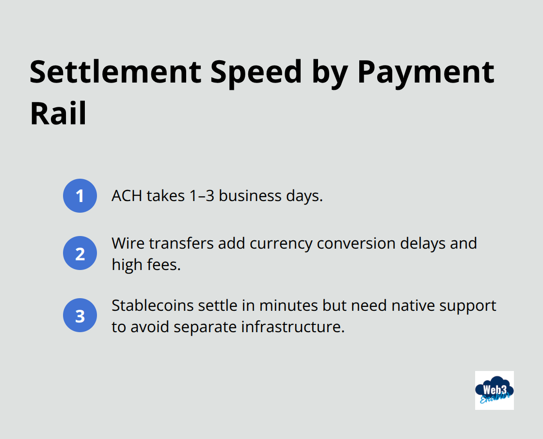 Compact list comparing settlement times and friction across ACH, wire transfers, and stablecoins. - API driven payments Salesforce