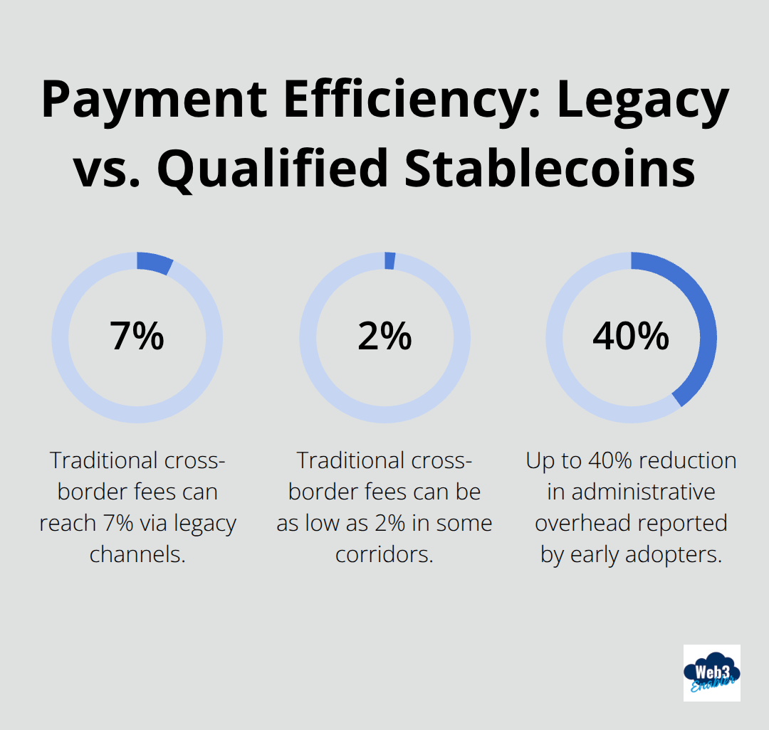Percent figures highlighting fees and operational savings when moving from legacy payments to qualified stablecoins.