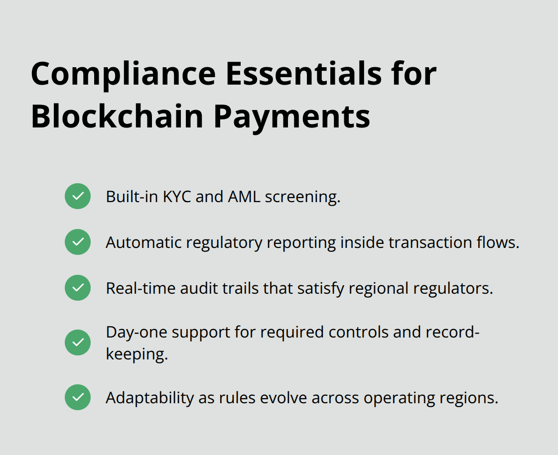 Checklist of compliance requirements to embed in stablecoin payment flows.
