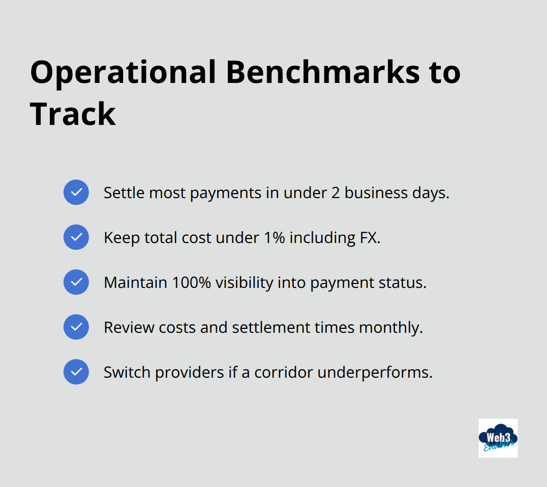 Checklist of target metrics for cross-border payments performance.