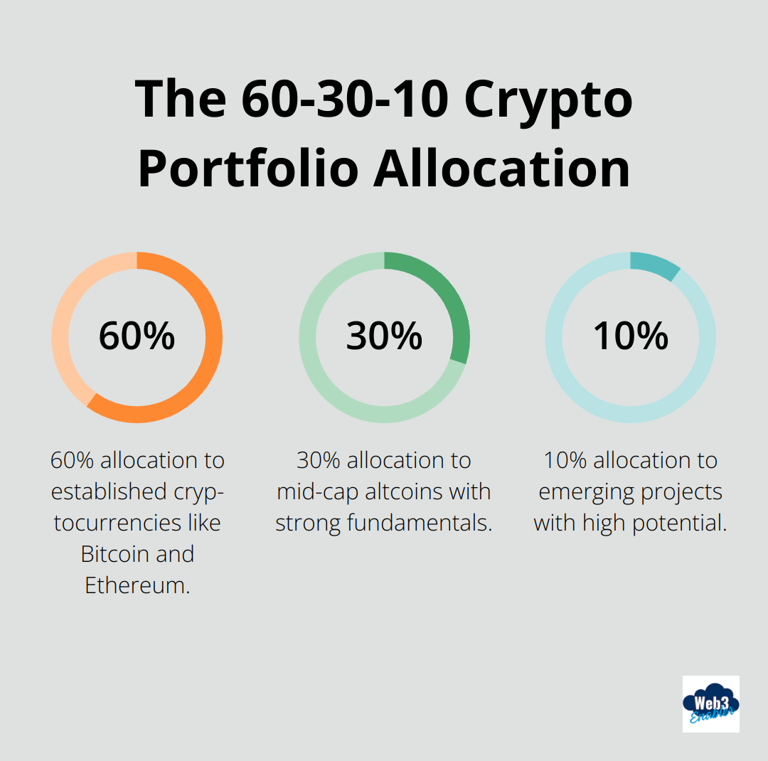 Pie chart showing 60% in established cryptocurrencies, 30% in mid-cap altcoins, and 10% in emerging projects - Crypto asset allocation