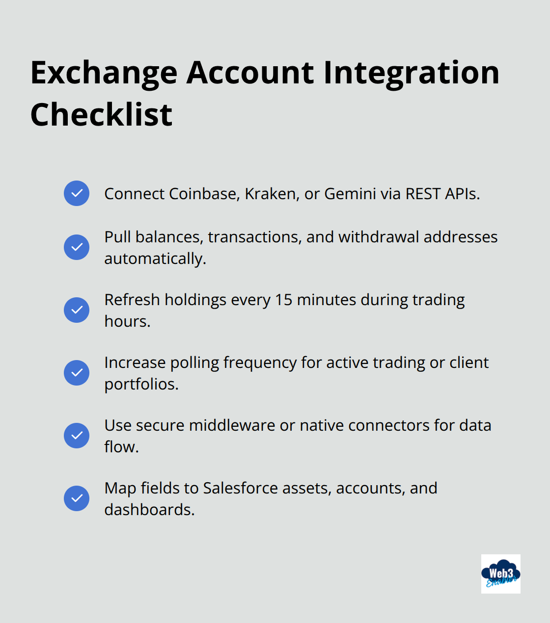 Checklist of practical steps to connect exchange accounts to Salesforce for crypto treasury.