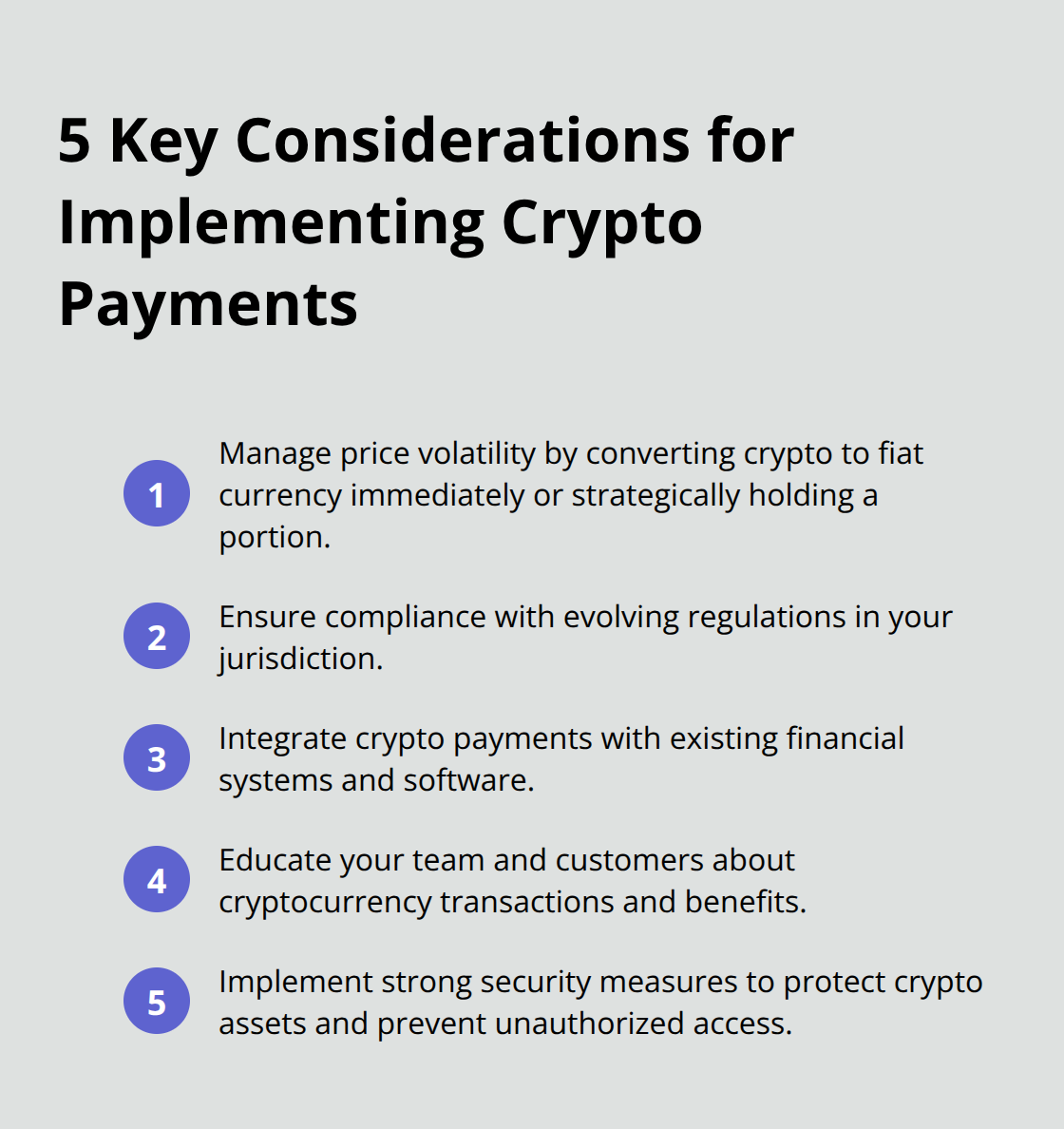 Ordered list of five crucial factors businesses should consider when implementing cryptocurrency payment systems - Crypto payments