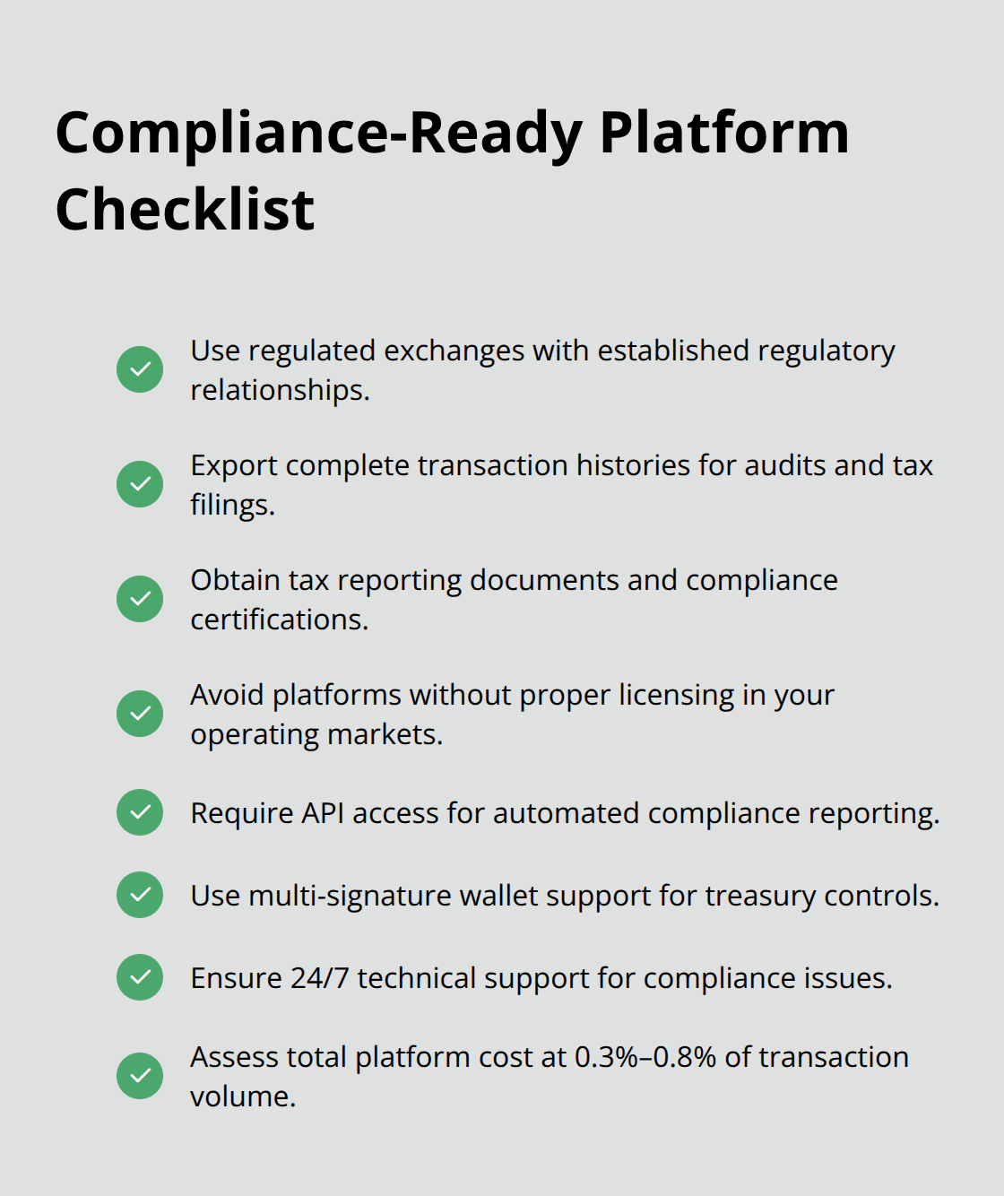 Checklist of platform features that support crypto compliance. - Crypto regulations