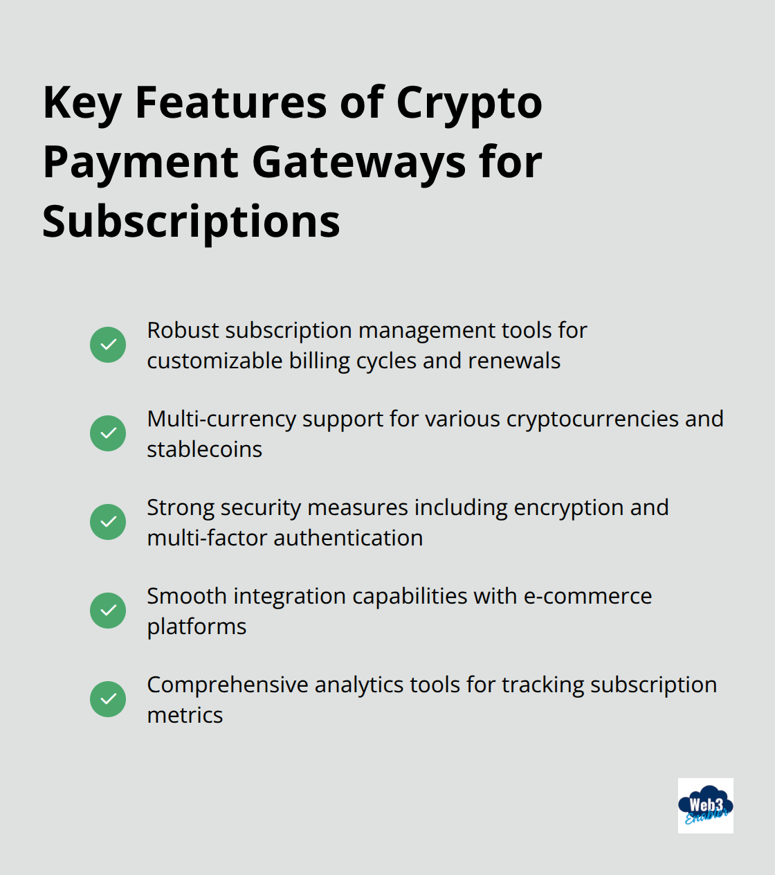 Checkmark list of essential features for crypto payment gateways in subscription models