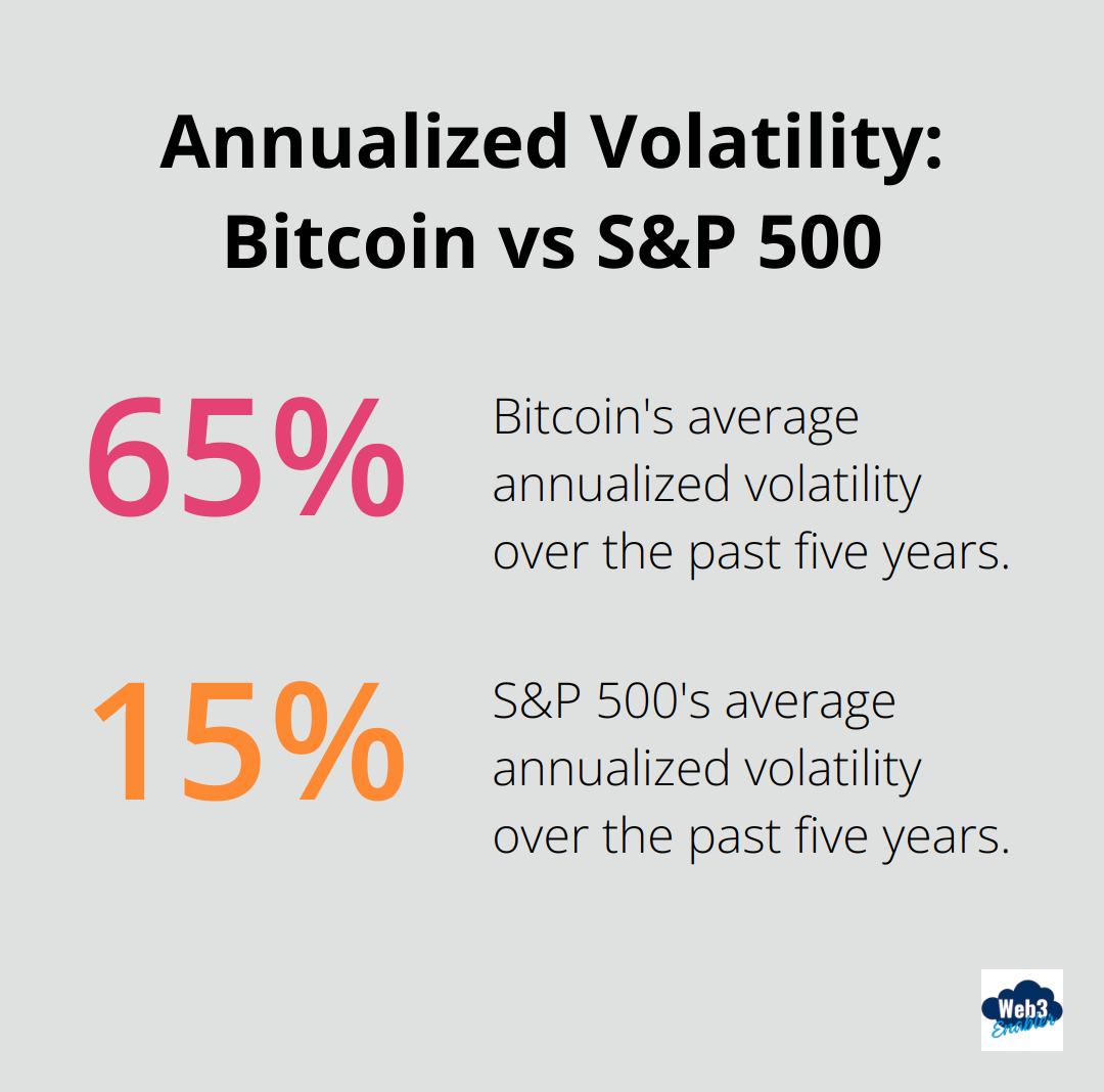 Chart comparing the annualized volatility of Bitcoin (65%) to the S&P 500 (15%) over the past five years - Crypto wealth management