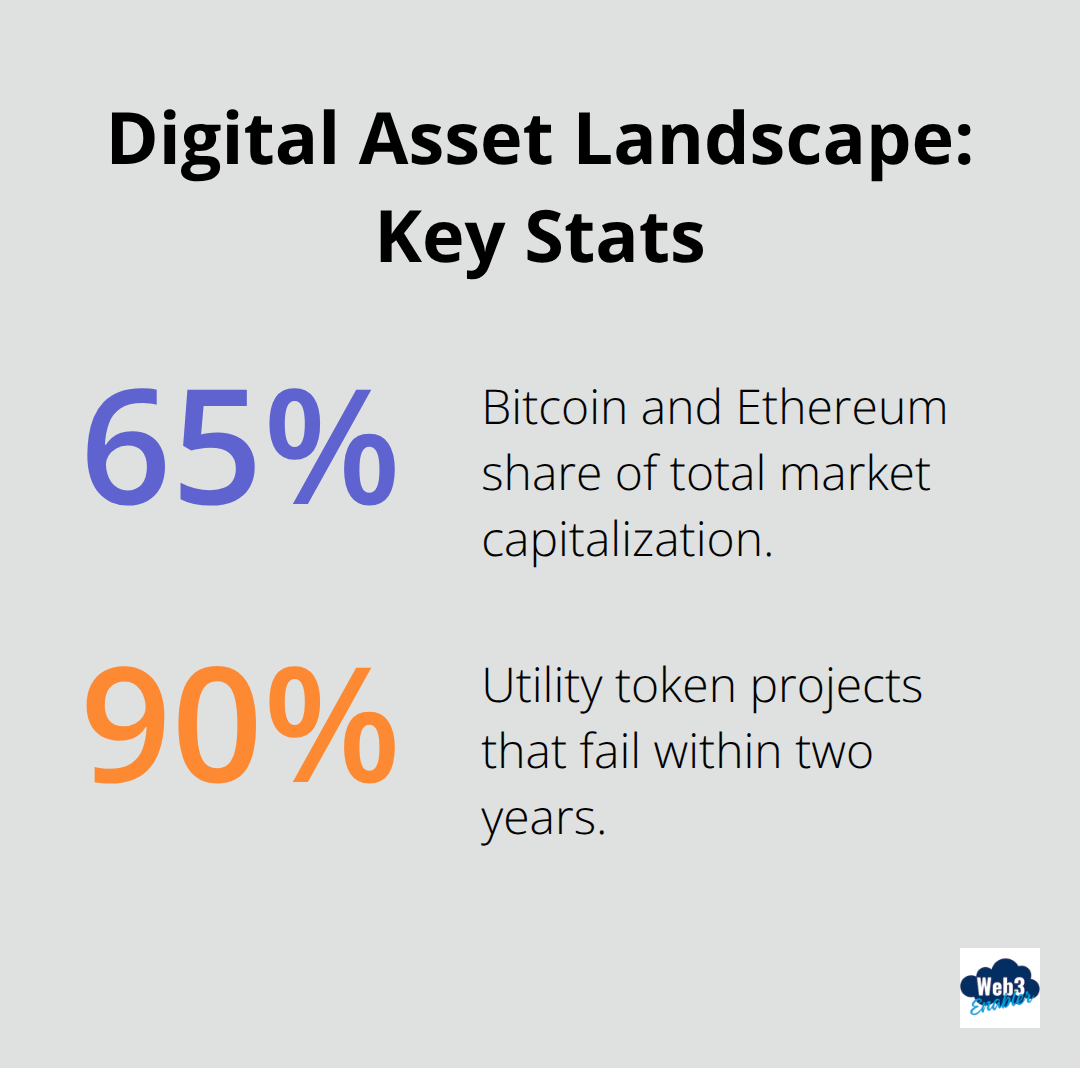 Share of market dominated by Bitcoin and Ethereum and failure rate of utility tokens.