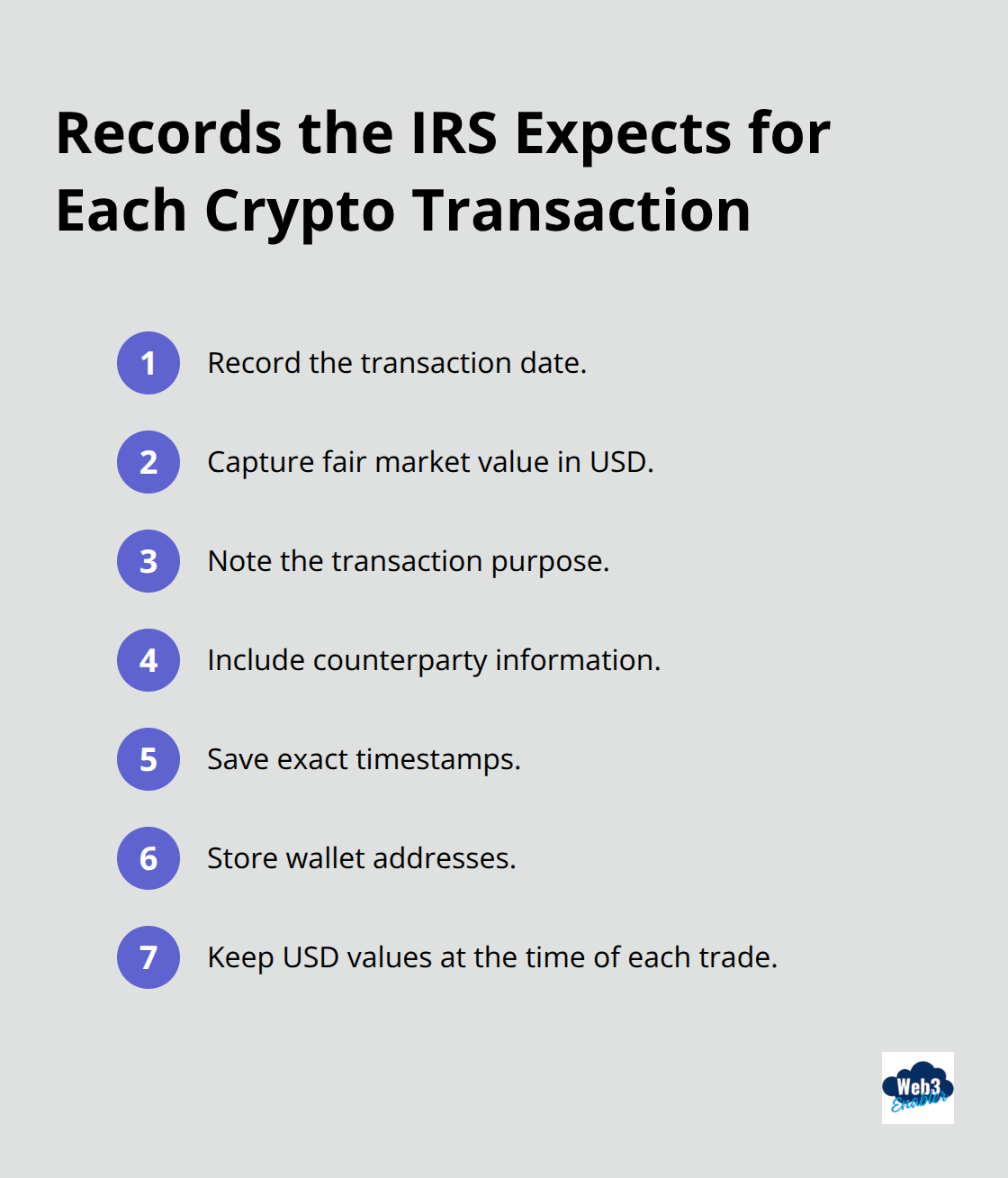 Checklist of required crypto transaction records for IRS compliance