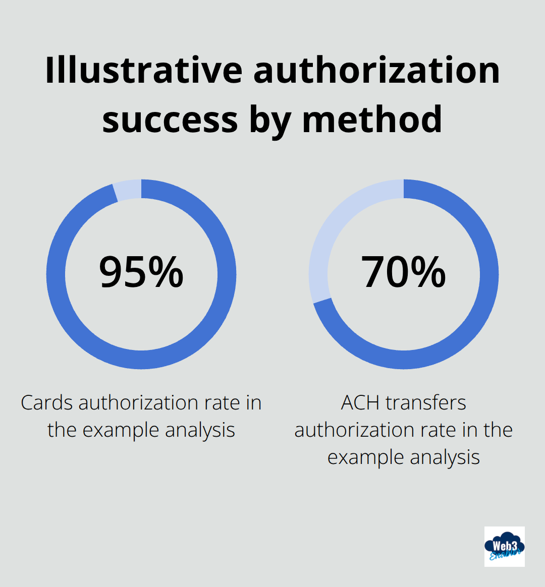 Percentage comparison of example authorization rates for cards vs. ACH - digital payments strategy