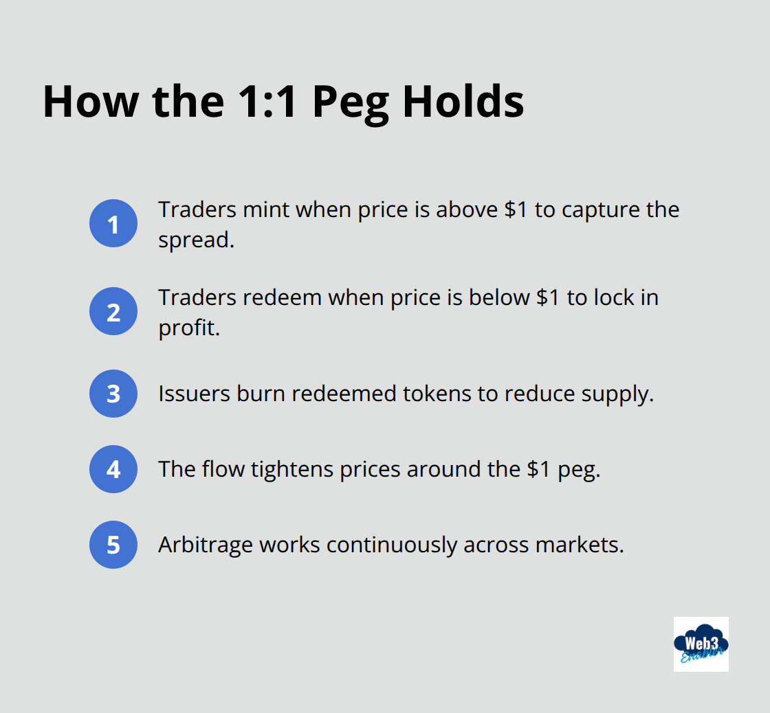 Steps that keep fiat-collateralized stablecoins near $1 via arbitrage - fiat collateralized stablecoins