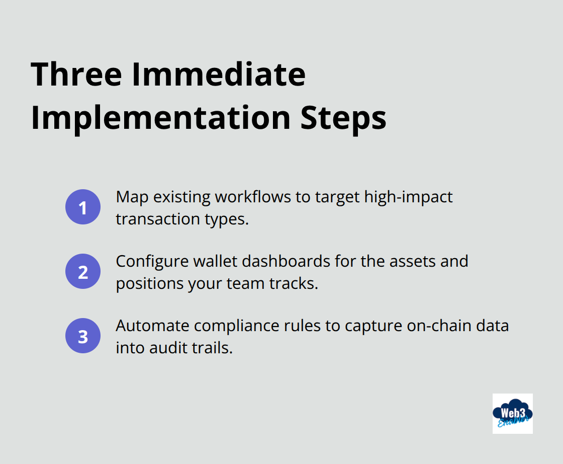 Compact list of three steps to implement stablecoin payments in Financial Services Cloud.