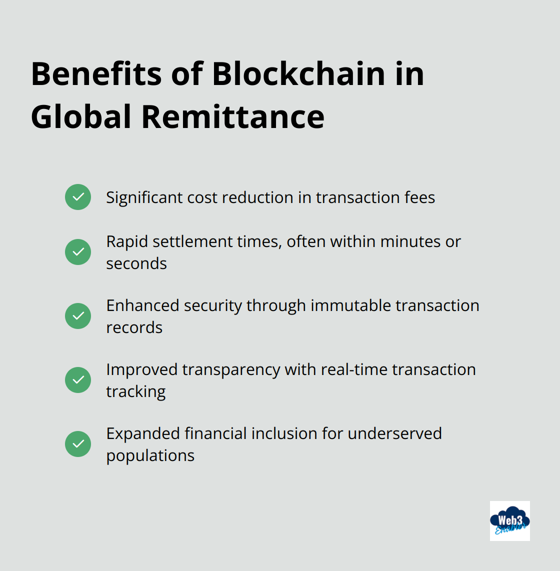 Checkmark list chart showing the key benefits of using blockchain technology for global remittance