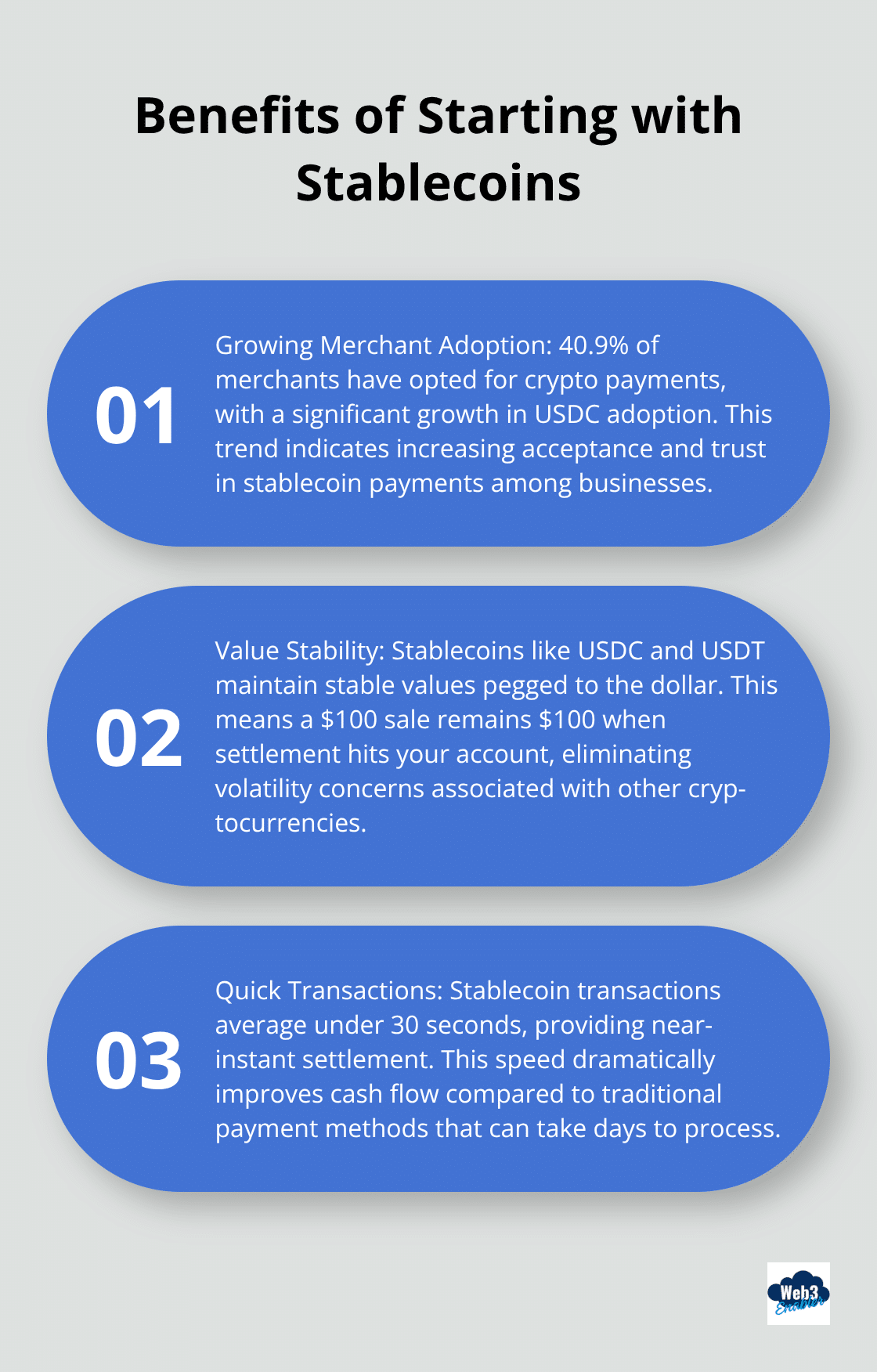Chart listing three key benefits of starting with stablecoins for crypto payments: merchant adoption, stable value, and quick transaction times - how to accept crypto payments