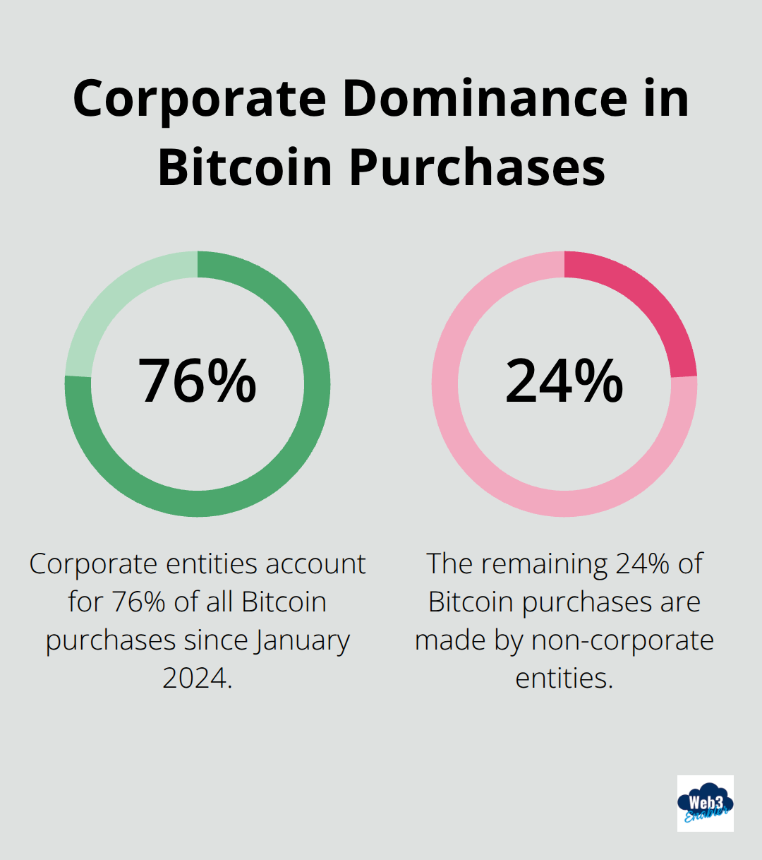 Pie chart showing 76% of Bitcoin purchases since January 2024 are made by corporate entities - hype cycle for blockchain business