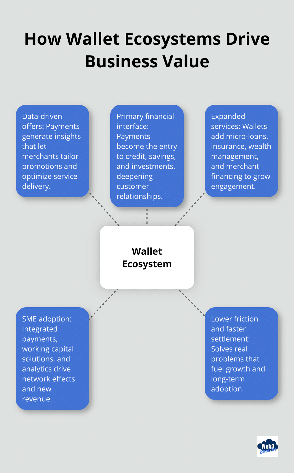 Hub-and-spoke visualization of wallet ecosystem value drivers