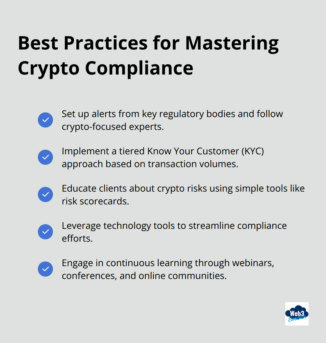 Checkmark list chart showing five best practices for mastering crypto compliance: regulatory alerts, tiered KYC approach, client education, leveraging tech tools, and continuous learning. - KYC tools