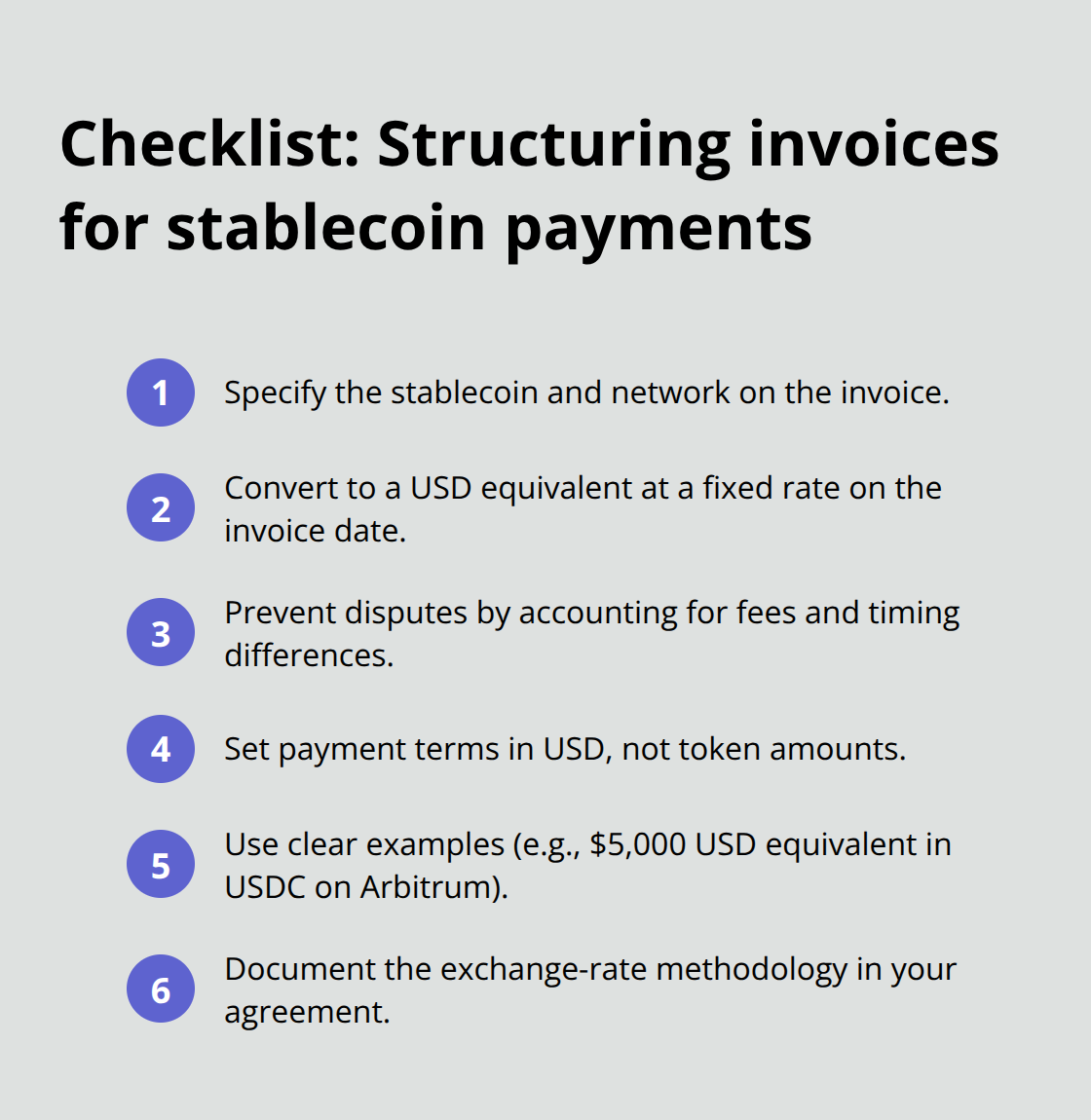 Ordered checklist of key invoice elements for USDC/USDT payments - pay contractors crypto