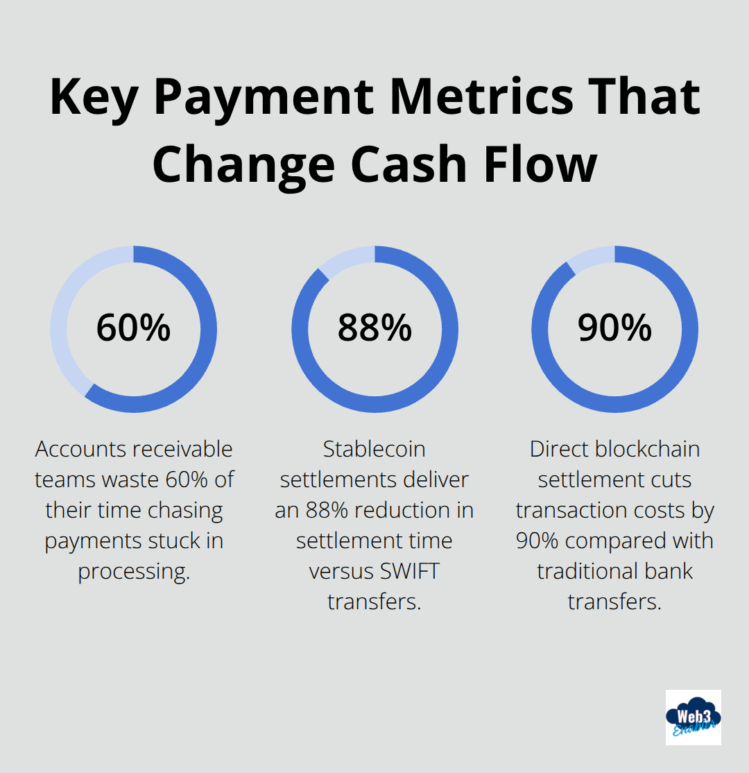 Infographic showing 60% AR time wasted, 88% faster settlement, and 90% lower transaction costs with blockchain payments. - payment latency