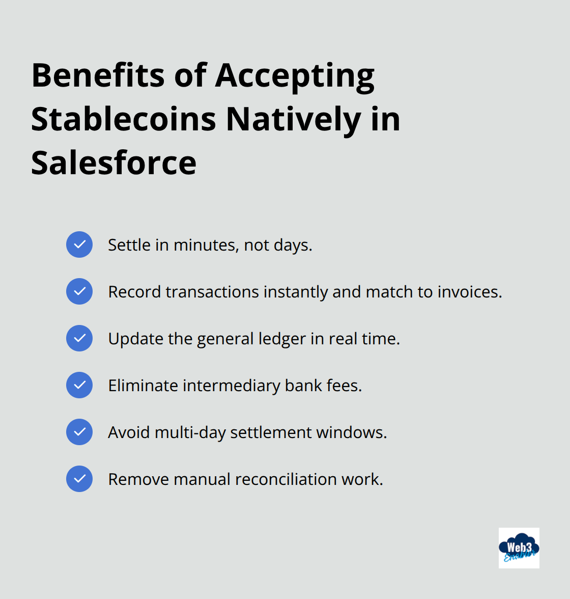 Checklist of operational benefits when accepting USDC in Salesforce - Payments API Salesforce