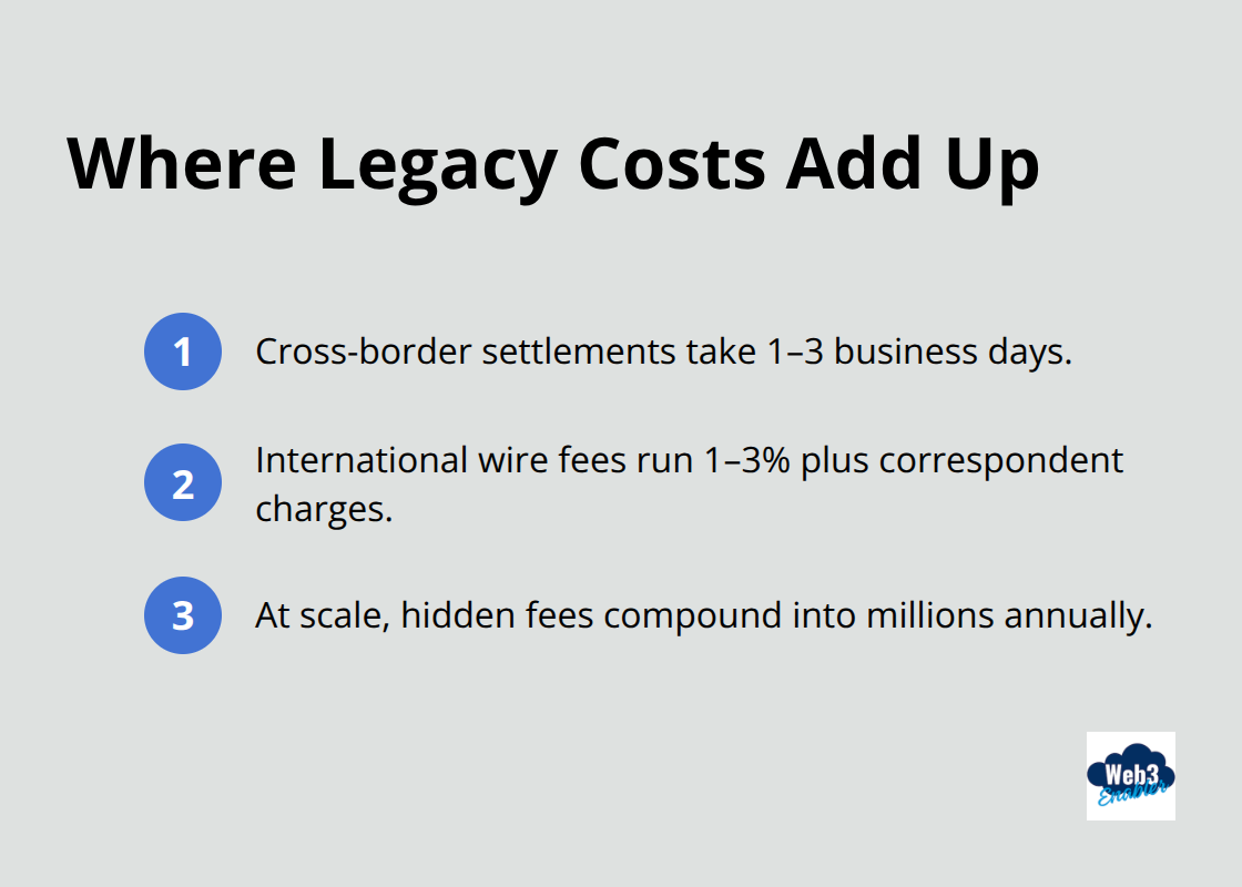 Key legacy payment pain points including settlement delays, fees, and compounding costs.