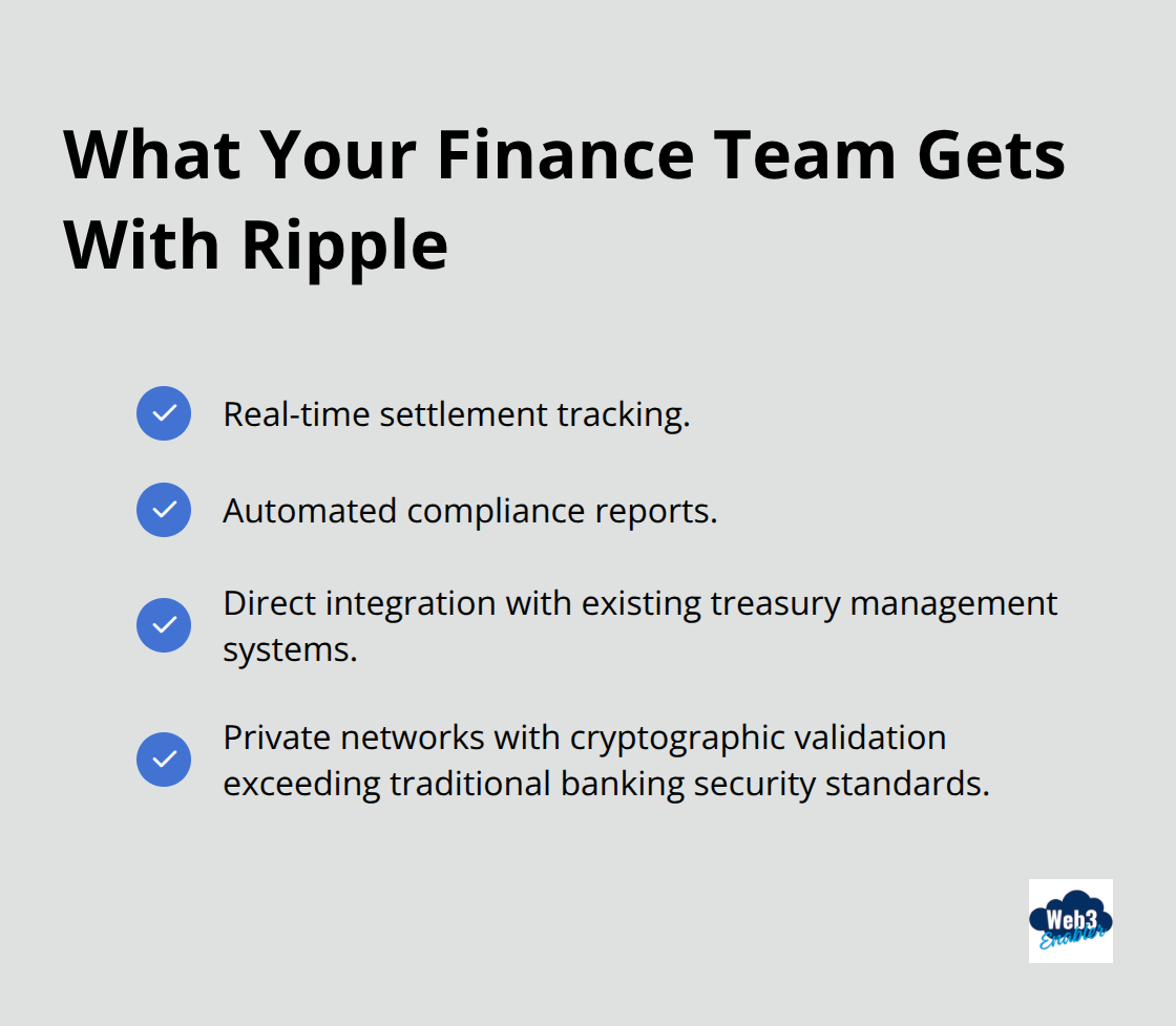 Checkmark list of finance team benefits including tracking, compliance, and integrations. - ripple us expansion crypto payments