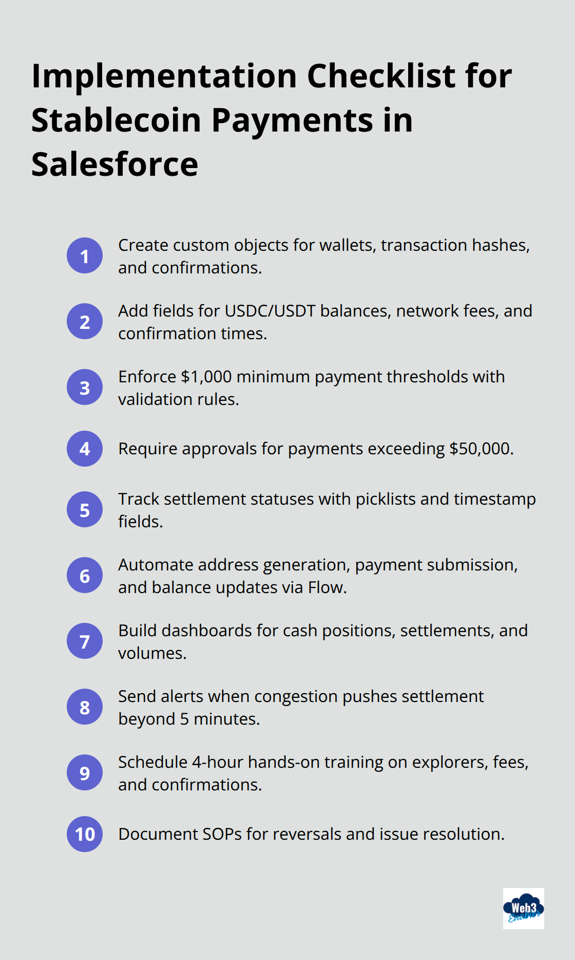 Compact checklist of 10 implementation best practices for Salesforce stablecoin payments