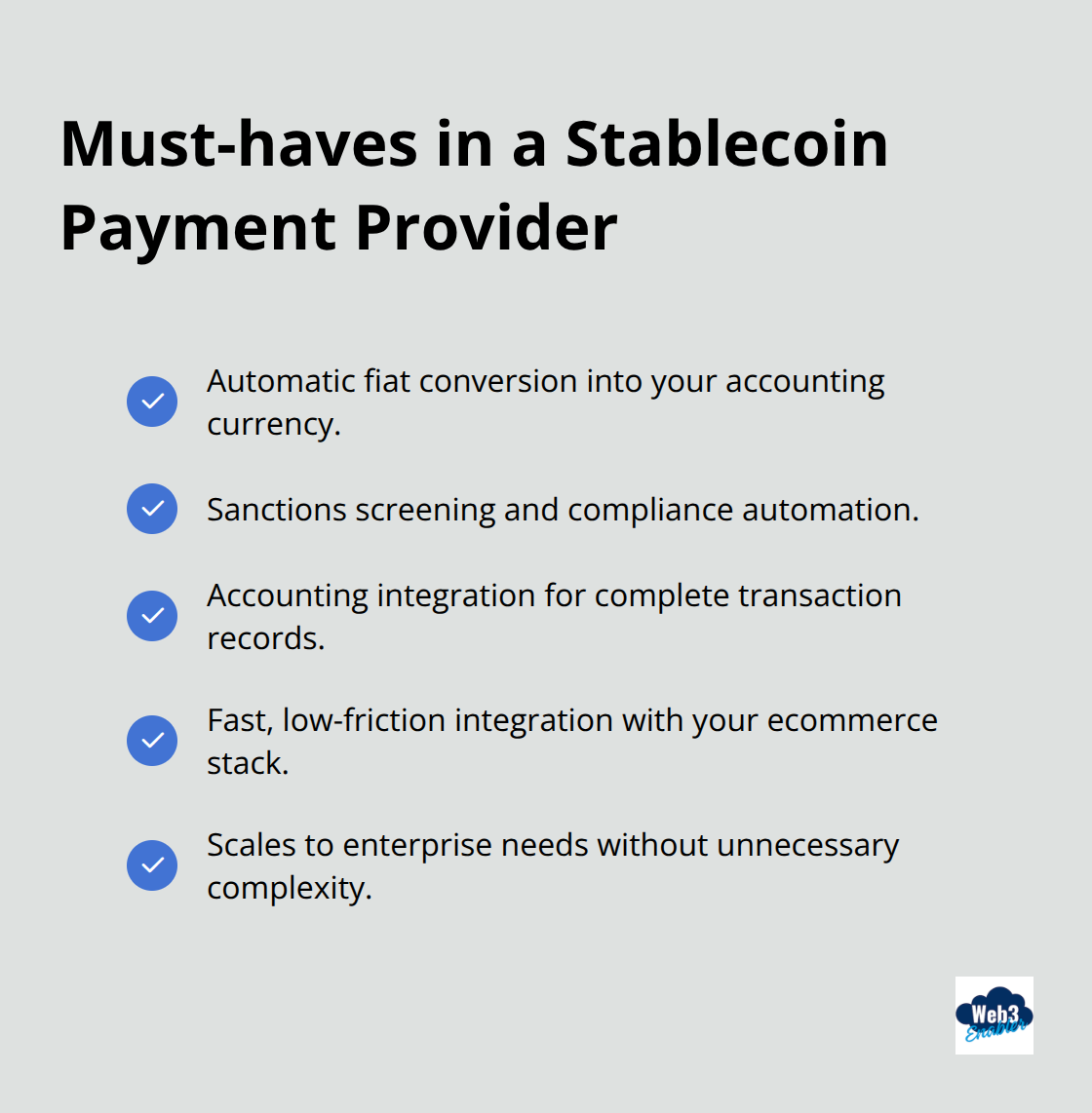 Checklist of essential capabilities for a stablecoin payment provider for U.S. ecommerce