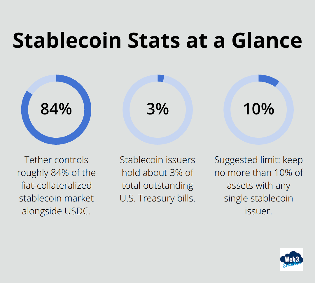 Percentage chart with key stablecoin figures: market share, Treasury exposure, and diversification cap. - stablecoins risk