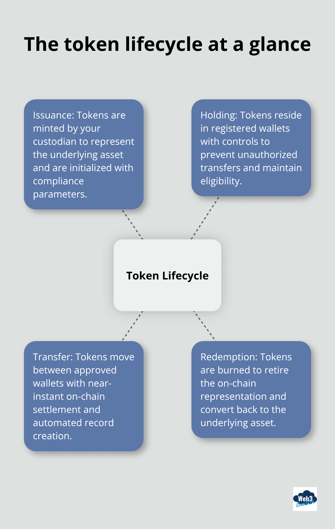 Hub-and-spoke diagram showing issuance, holding, transfer, and redemption in the token lifecycle.