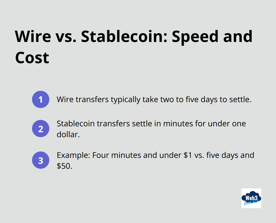 Comparison of wire transfer versus stablecoin settlement time and fees for U.S. treasury teams.