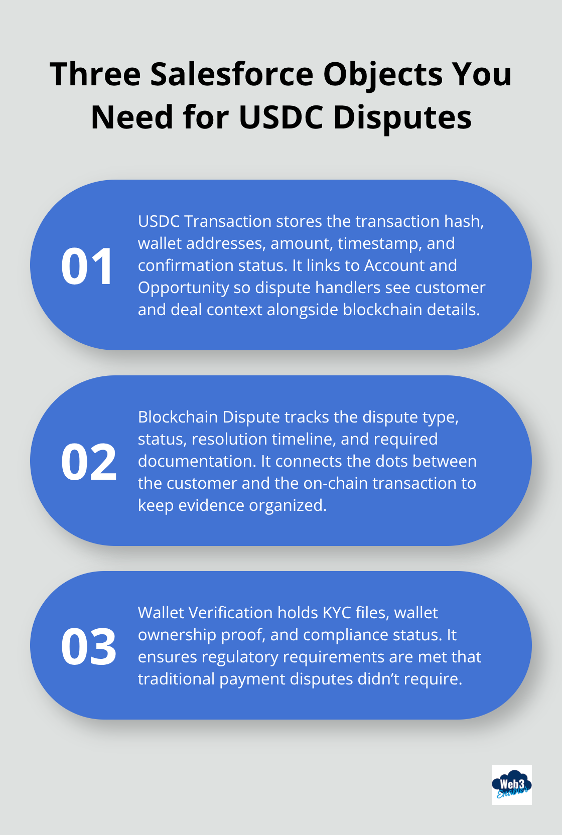 Overview of three Salesforce objects configured for USDC dispute handling - USDC disputes
