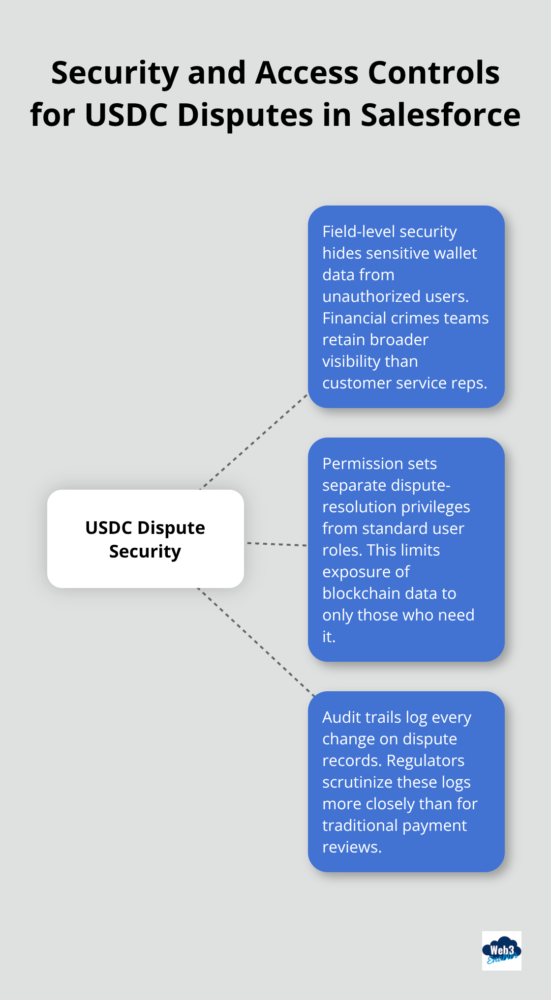 Hub-and-spoke showing key security controls for handling USDC disputes in Salesforce