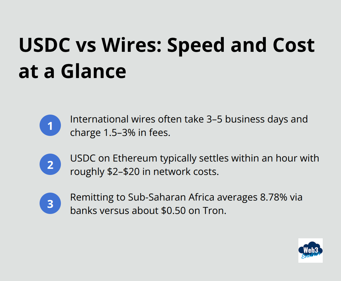 Comparison highlights of wire transfers versus USDC for speed and fees - USDC payments integration