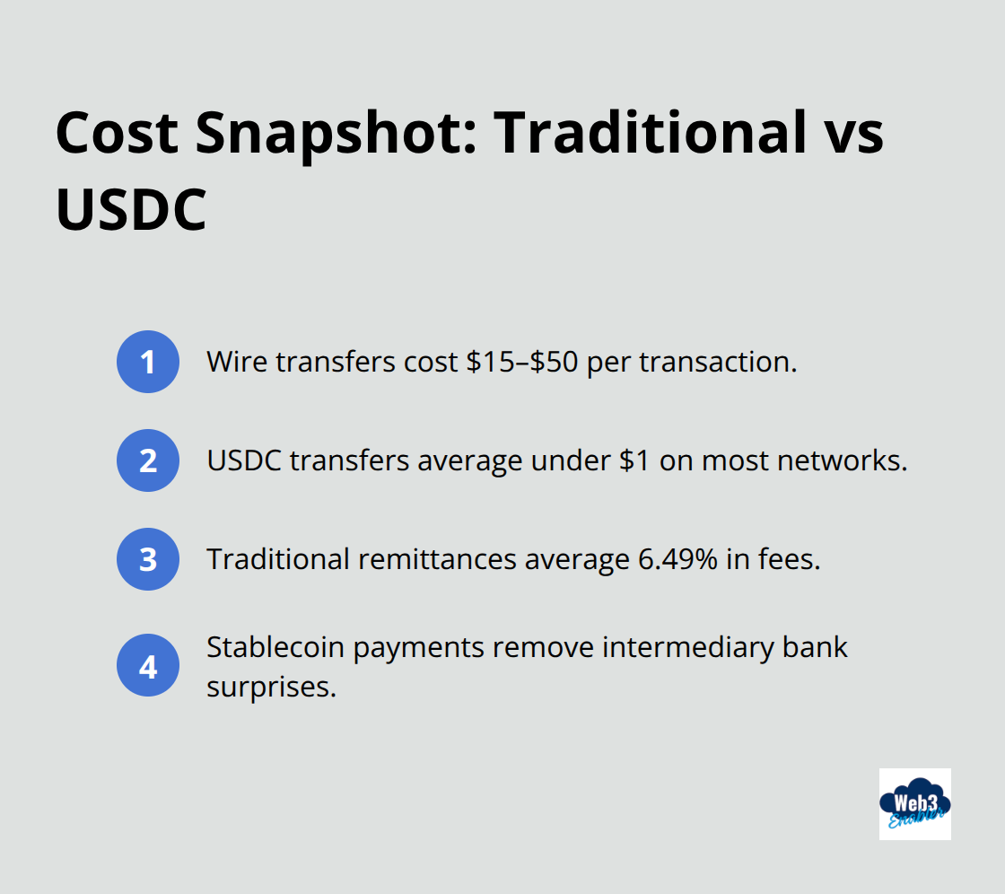 Concise cost comparison between traditional wires and USDC transfers for U.S. businesses.
