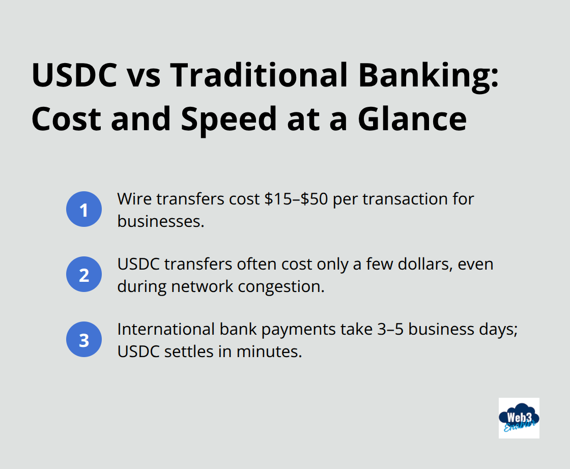 Quick comparison of USDC transfer costs and settlement speeds versus traditional wire transfers. - USDC treasury